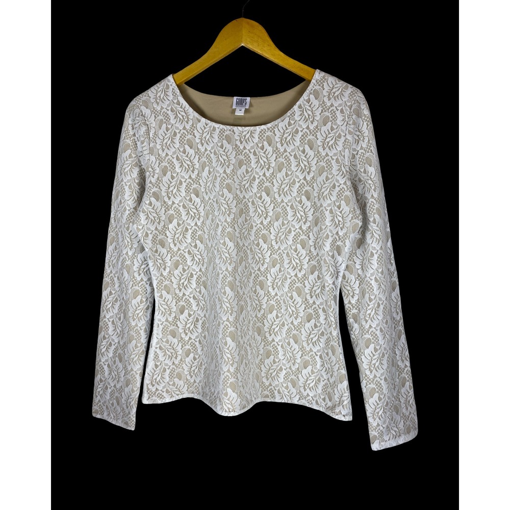 Gump's San Francisco Lace Overlay Blouse Ivory Long Sleeve Coquette Feminine M
